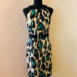 David Meister Leopard Print Midi Dress with‎ Teal and Black